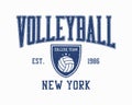 Volleyball t-shirt design. New York tee shirt with volleyball ball and college shield